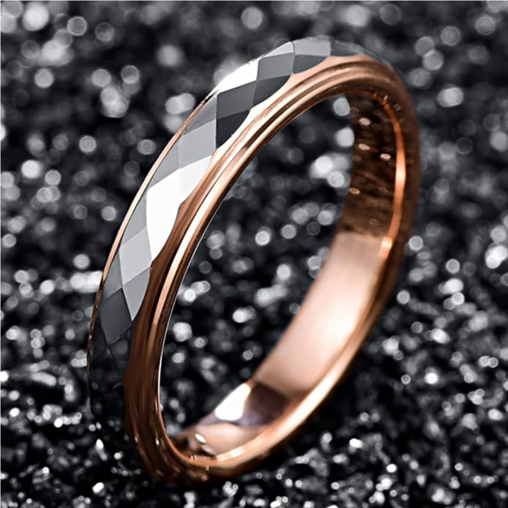 4mm Tungsten Rings for Women Rose Gold/Gold/Gunmetal/Silver Faceted Wedding Band Two Tone Ring with Step Edge Comfort Fit