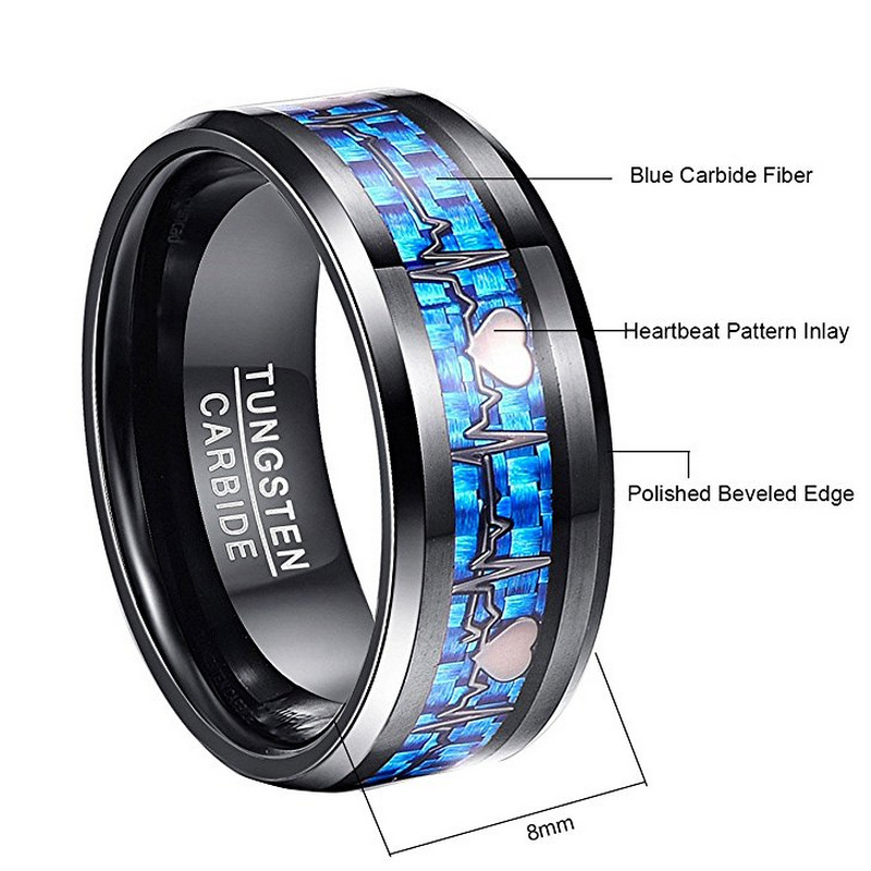 Boman  8mm Black Gift Band Tungsten Ring With Blue Carbon Fiber Inlaid and Metal Electrocardiogram Tungsten Ring for His and Her