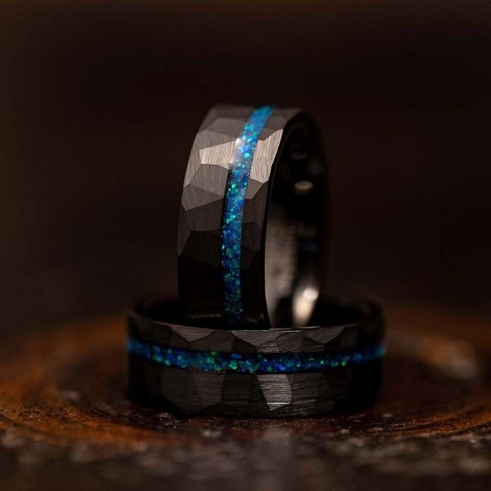 Wholesale IP Black Plated Men Women Fashion Engagement Wedding Band Blue Opal Inlay Hammered Tungsten Carbide Ring