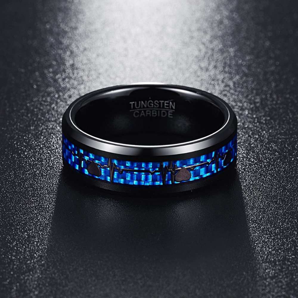 Boman  8mm Black Gift Band Tungsten Ring With Blue Carbon Fiber Inlaid and Metal Electrocardiogram Tungsten Ring for His and Her