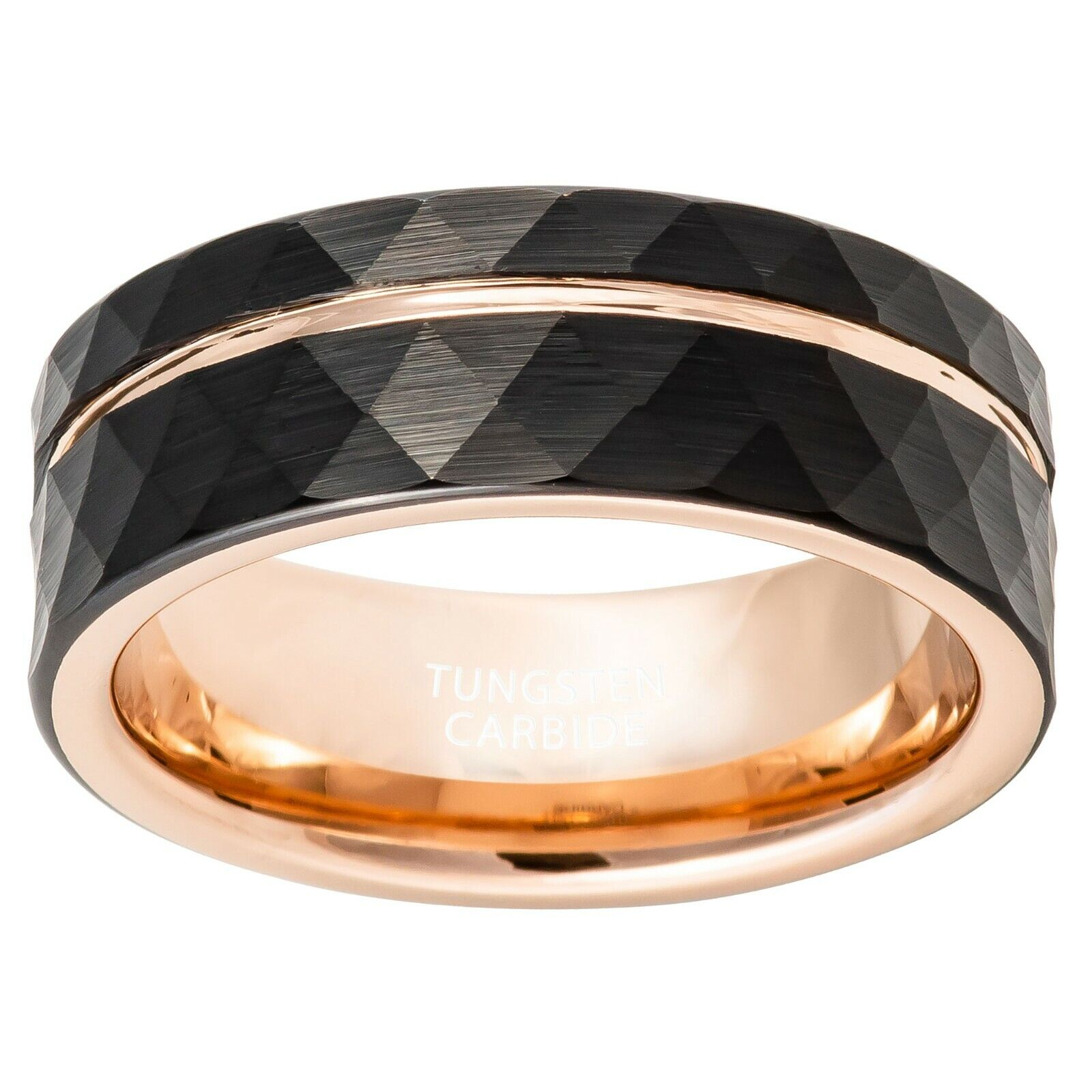 Black & Rose Gold Strip Hammered Brushed Tungsten Mens Wedding Ring Black Ion Plated Off Center Faceted 8mm Wedding Ring