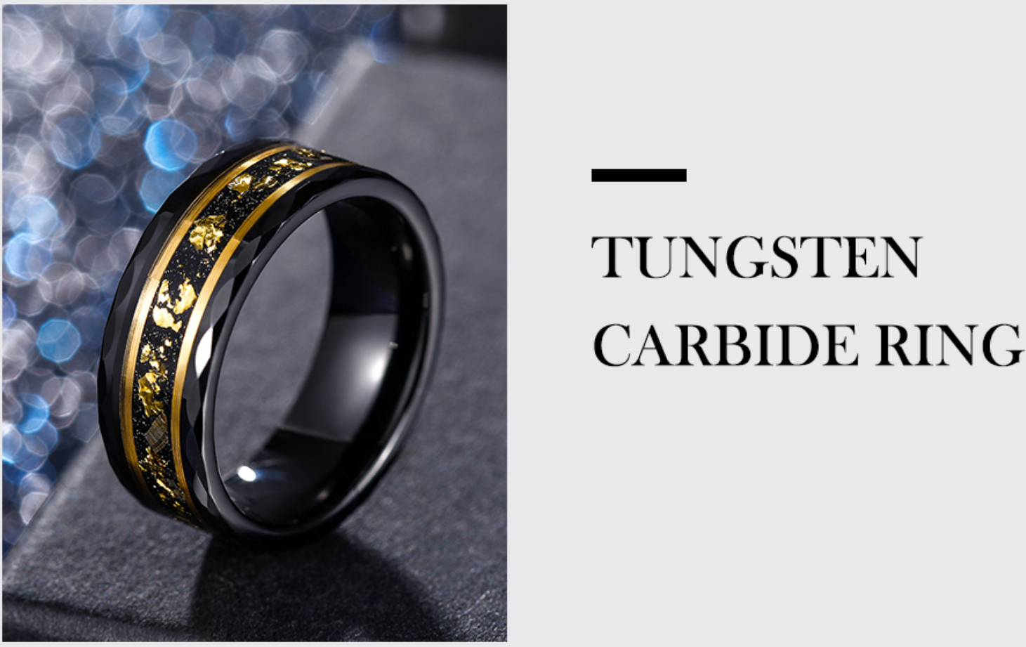 Wholesale PVD 8MM Tungsten Carbide Rings for Men Hammered Polished Faceted Edge Wedding Band Gold foil with Black Dinas Inlay