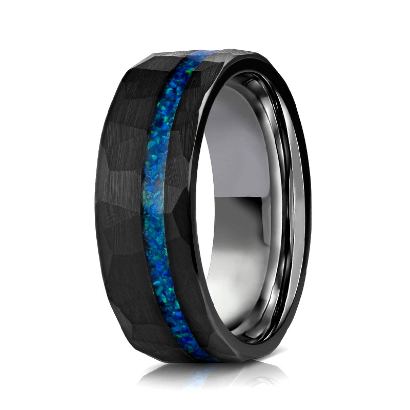 Wholesale IP Black Plated Men Women Fashion Engagement Wedding Band Blue Opal Inlay Hammered Tungsten Carbide Ring