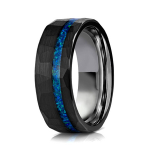 Wholesale IP Black Plated Men Women Fashion Engagement Wedding Band Blue Opal Inlay Hammered Tungsten Carbide Ring