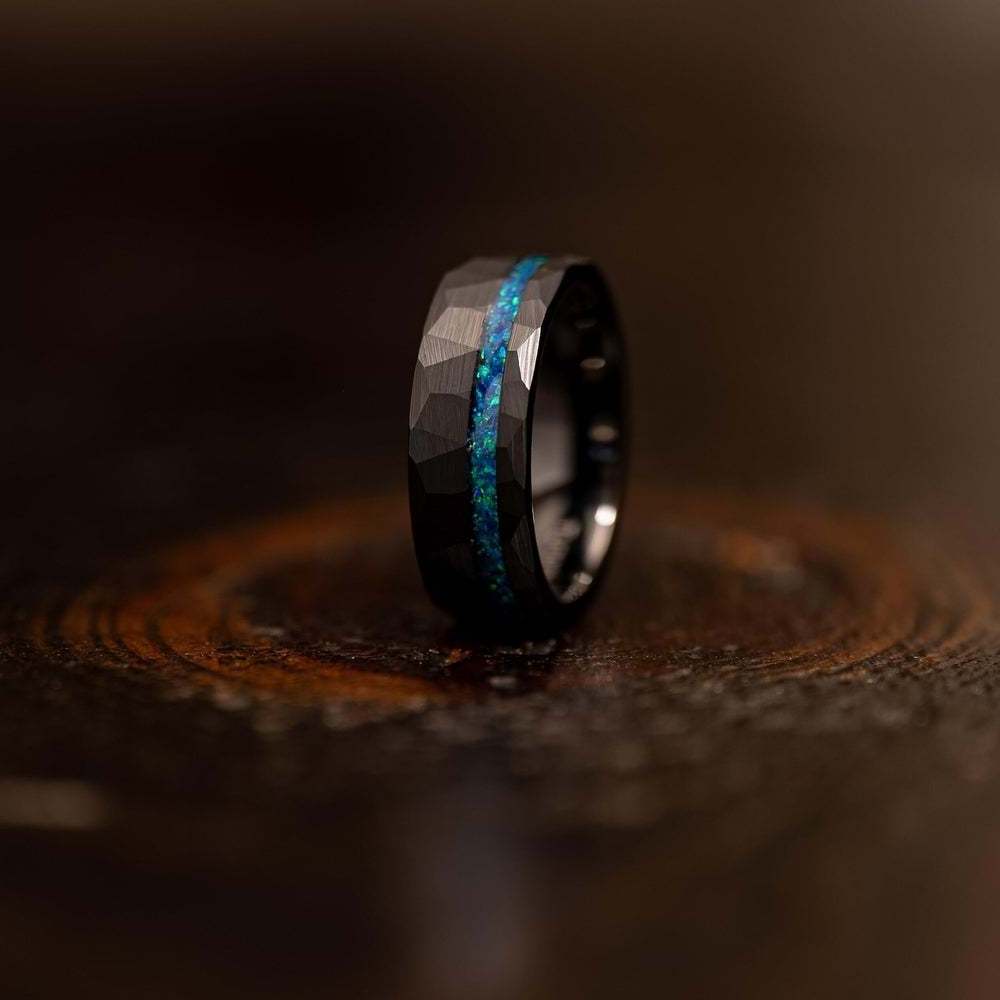 Wholesale IP Black Plated Men Women Fashion Engagement Wedding Band Blue Opal Inlay Hammered Tungsten Carbide Ring