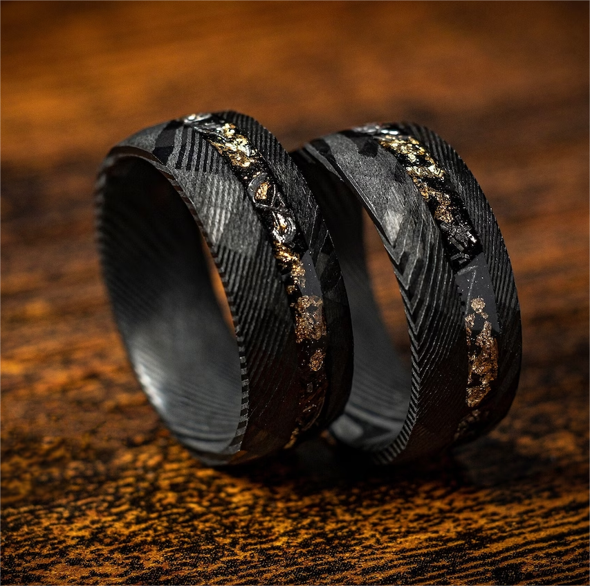 Boman Jewelry Wholesale 8mm damascus steel rings wedding rings meteorite and gold leaf inlay Damascus ring