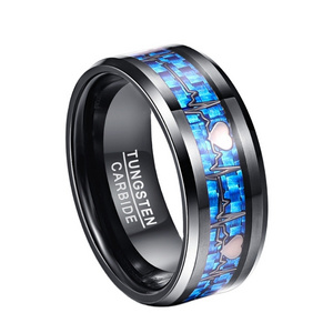 Boman  8mm Black Gift Band Tungsten Ring With Blue Carbon Fiber Inlaid and Metal Electrocardiogram Tungsten Ring for His and Her