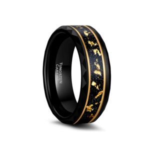 Wholesale PVD 8MM Tungsten Carbide Rings for Men Hammered Polished Faceted Edge Wedding Band Gold foil with Black Dinas Inlay