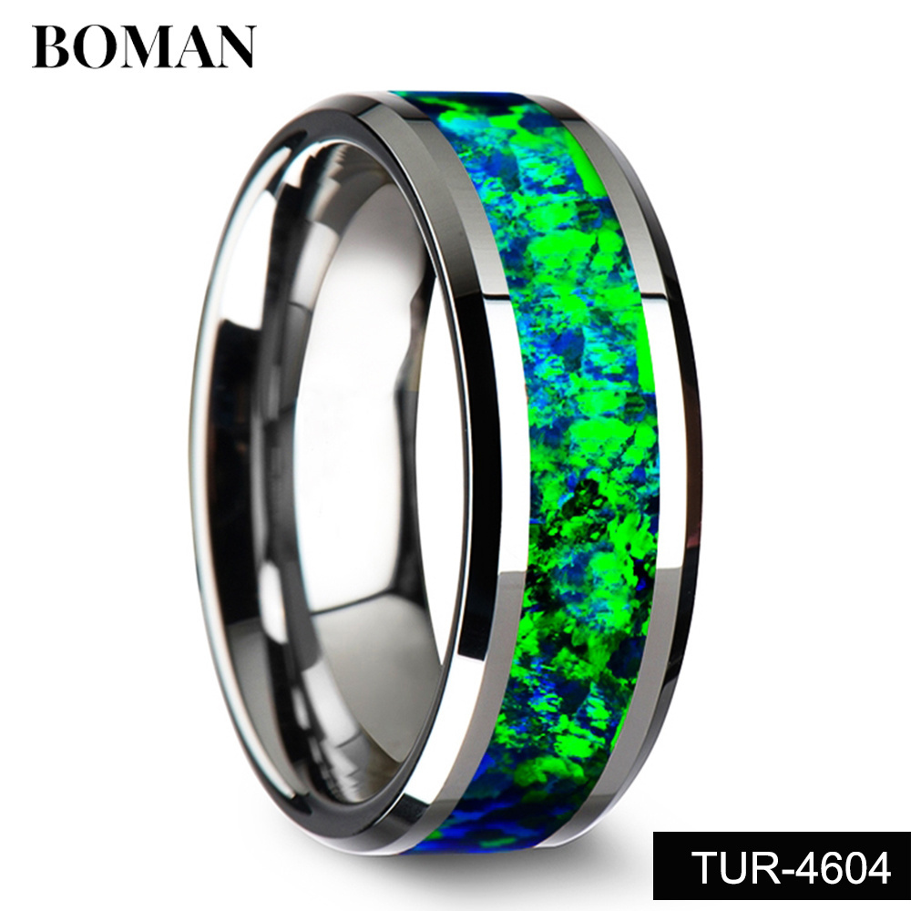 Wholesale 8mm  Fine jewelry 8mm IP Black plated crushed green opal tungsten ring tungsten Opal Wedding Bands