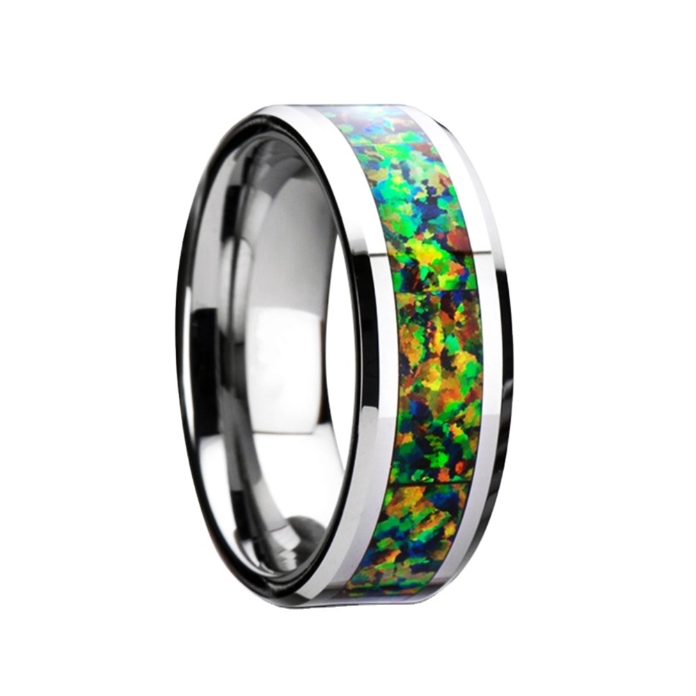 Wholesale 8mm  Fine jewelry 8mm IP Black plated crushed green opal tungsten ring tungsten Opal Wedding Bands