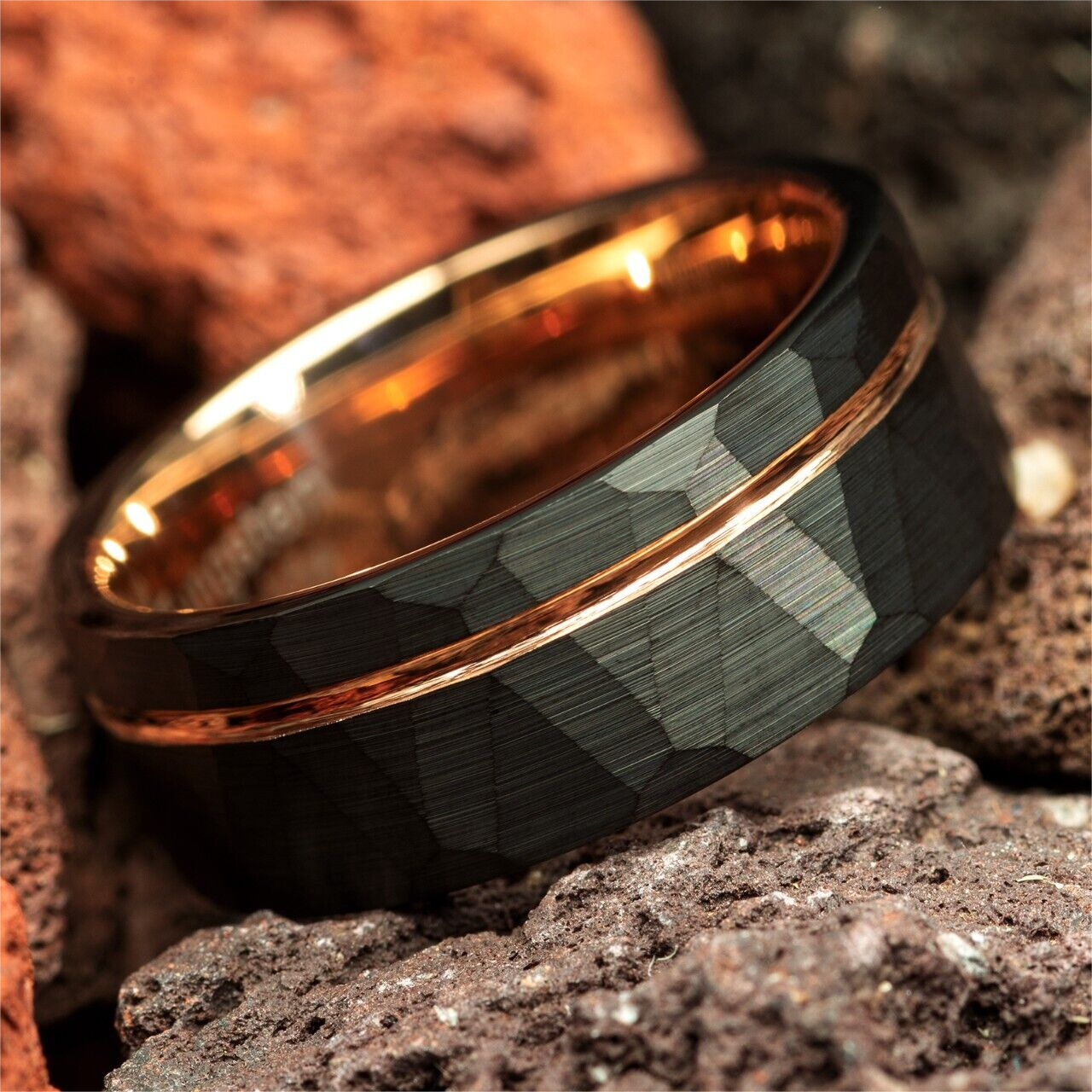 Black & Rose Gold Strip Hammered Brushed Tungsten Mens Wedding Ring Black Ion Plated Off Center Faceted 8mm Wedding Ring