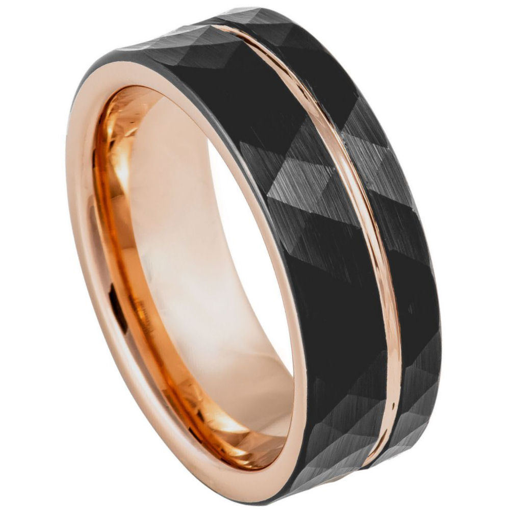 Black & Rose Gold Strip Hammered Brushed Tungsten Mens Wedding Ring Black Ion Plated Off Center Faceted 8mm Wedding Ring