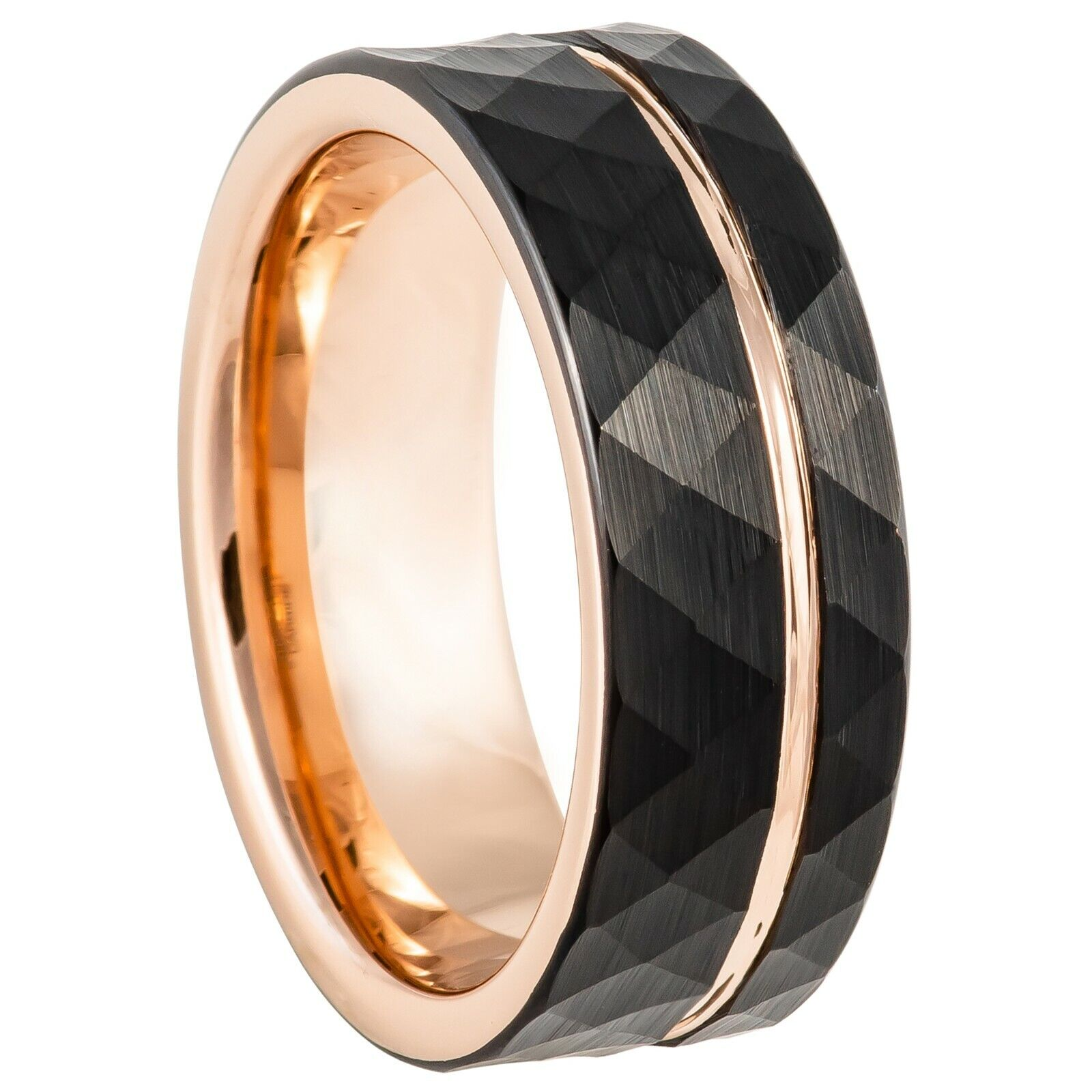 Black & Rose Gold Strip Hammered Brushed Tungsten Mens Wedding Ring Black Ion Plated Off Center Faceted 8mm Wedding Ring