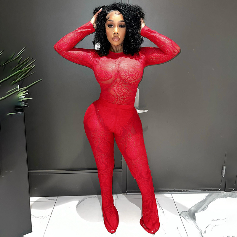 Bomblook K23ST370 Autumn Sexy Bodysuit Two Piece Flare Pants Set Sets For Women Two Pieces Lace Sweat Suits