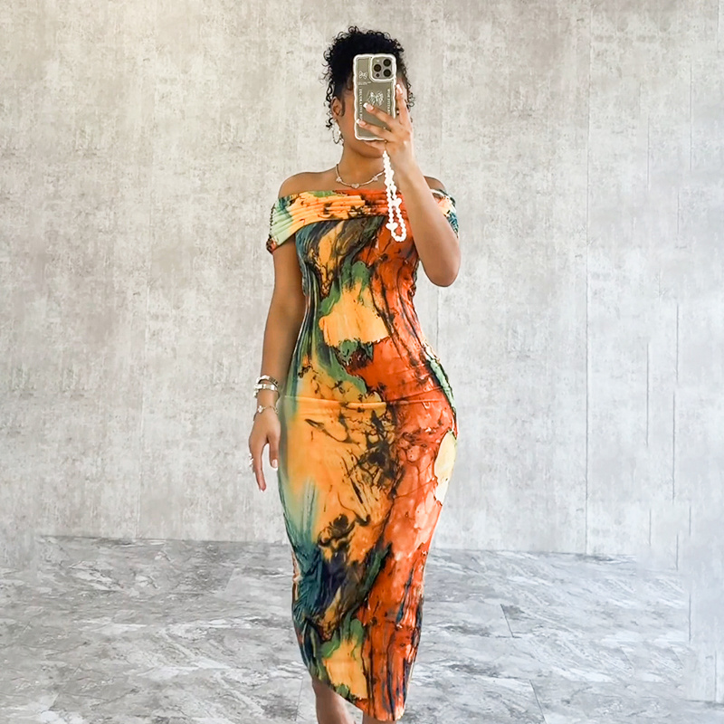 Bomblook K24DS075 Summer 2024 Women Clothing Off Shoulder Elegant Bodycon Strapless Outfits Women Streetwewar Print Midi Dress