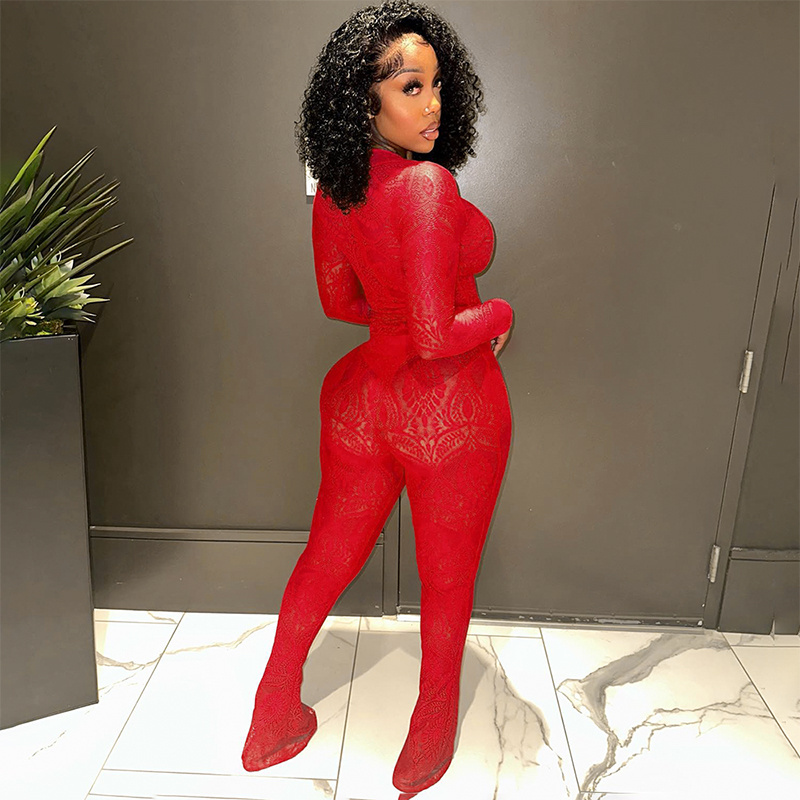 Bomblook K23ST370 Autumn Sexy Bodysuit Two Piece Flare Pants Set Sets For Women Two Pieces Lace Sweat Suits