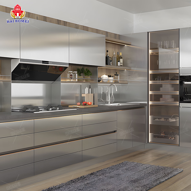 High Gloss l shape Gray Modular stainless steel metal set price aluminum Kitchen Cabinets