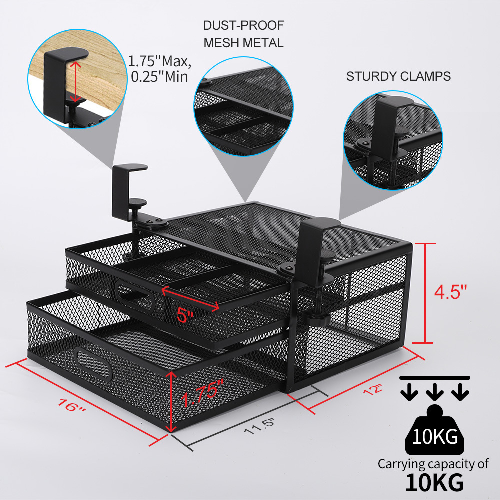 Under Desk Cable Management And Clamp-On Swivel Pencil Drawer Desk Hidden Desk Organizer Extra Sturdy C-Clamp Mount System