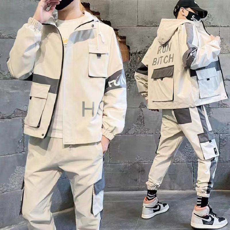 Fall New Streetwear Men's Two Piece Track Suit Fashion Patchwork Cargo Pockets Sweatsuit Jogger Tracksuit men's Sets