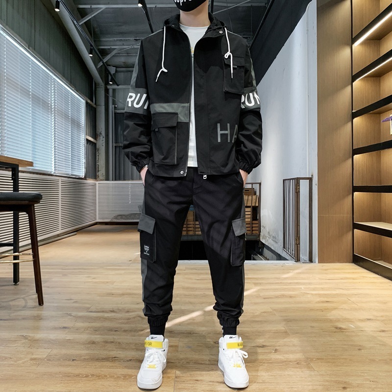 Fall New Streetwear Men's Two Piece Track Suit Fashion Patchwork Cargo Pockets Sweatsuit Jogger Tracksuit men's Sets