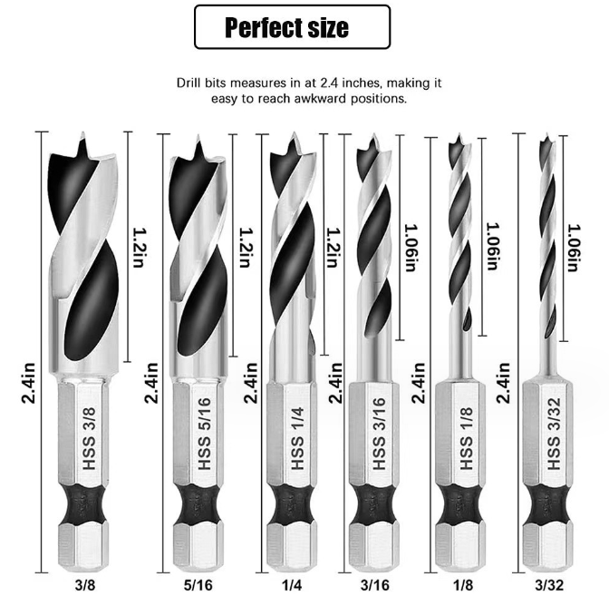 Drill bit BMAA-123 1/4 6 PCS Hex Straight Shank Woodworking brad point twist drill bit set for wood drilling