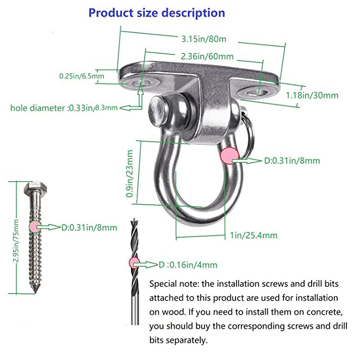 Zoshine 360 Degree Stainless Steel Swivel Ceiling Hook With Screw Load Bearing Rotary Hook For Hanging Swing Hook Accessory