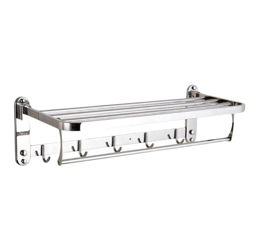 304 Stainless Steel Bath Towel Rack Washroom Foldable Wall Mounted Polished Bathroom Towel Shelf With Clothes Hooks