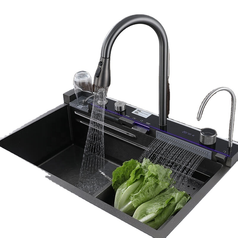 Luxury Modern Stainless Steel Counter Kitchen Sinks Smart Nano Handmade Digital Kitchen Sink With Multifunction Waterfall Faucet