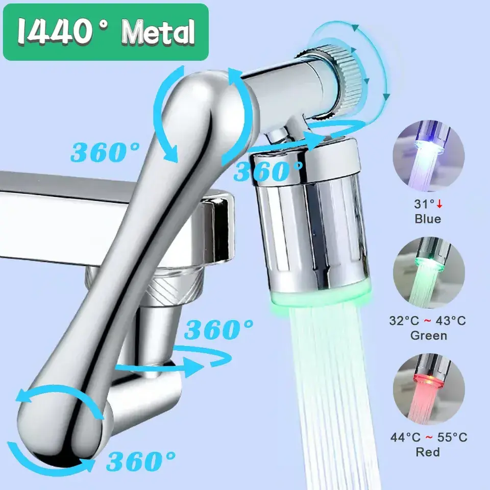 1440 Degree Rotating Faucet Extender Metal Copper Luminous Faucet Robot Arm Foam Nozzle Sprayer Kitchen Sanitary Basin Faucet