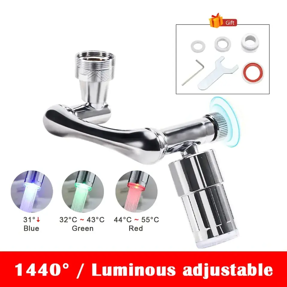 1440 Degree Rotating Faucet Extender Metal Copper Luminous Faucet Robot Arm Foam Nozzle Sprayer Kitchen Sanitary Basin Faucet