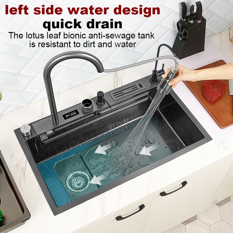 Smart Water Left 304 Stainless Steel Nano Step Sink Kitchen Multifunctional Single Bowl Digital Waterfall Kitchen Faucet Sink