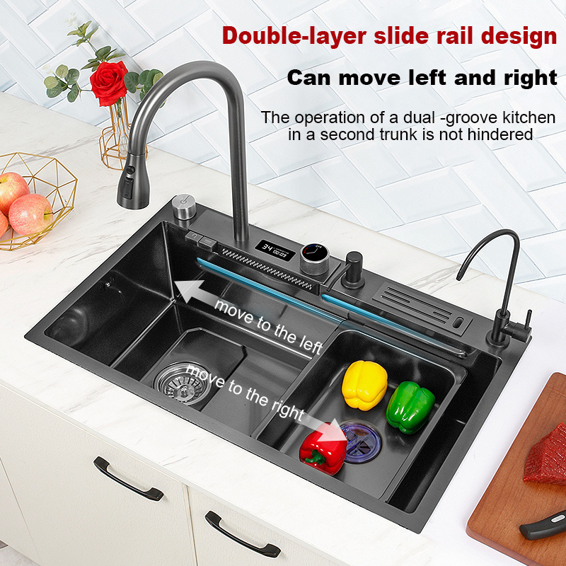 Smart Water Left 304 Stainless Steel Nano Step Sink Kitchen Multifunctional Single Bowl Digital Waterfall Kitchen Faucet Sink