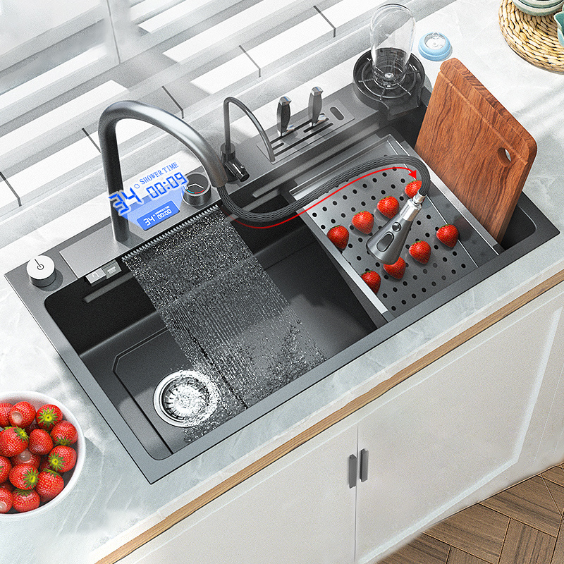 Smart Water Left 304 Stainless Steel Nano Step Sink Kitchen Multifunctional Single Bowl Digital Waterfall Kitchen Faucet Sink