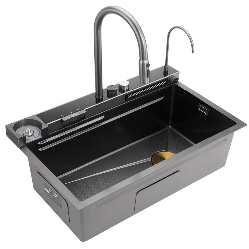 2023 SUS304 Handmade Multi functional Different Waterfall Faucet water channel Nano Dark Grey Kitchen Sink With Waterfall Faucet