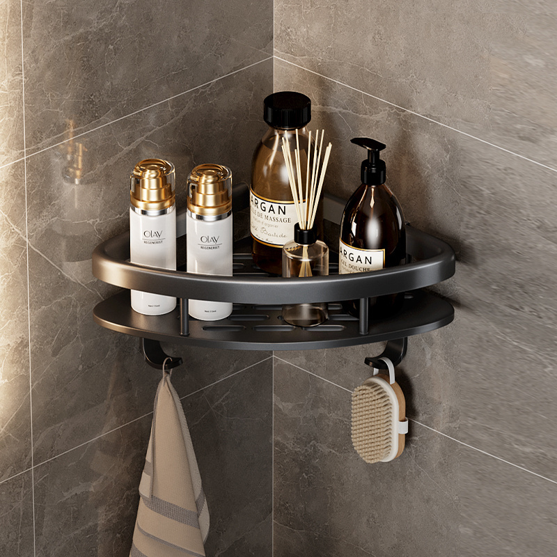 no drilling 2 Tier silver space aluminum shower corner shelf Black Siver 2 layers bathroom ssquare triangle corner shelf