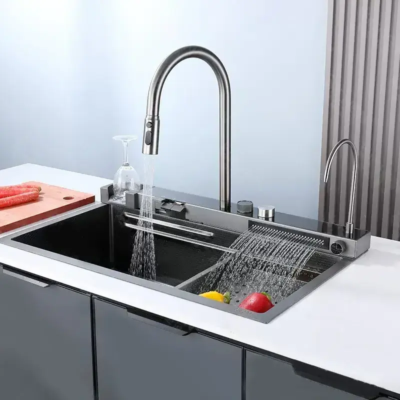 2023 SUS304 Handmade Multi functional Different Waterfall Faucet water channel Nano Dark Grey Kitchen Sink With Waterfall Faucet