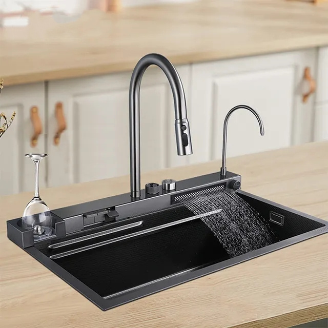 2023 SUS304 Handmade Multi functional Different Waterfall Faucet water channel Nano Dark Grey Kitchen Sink With Waterfall Faucet