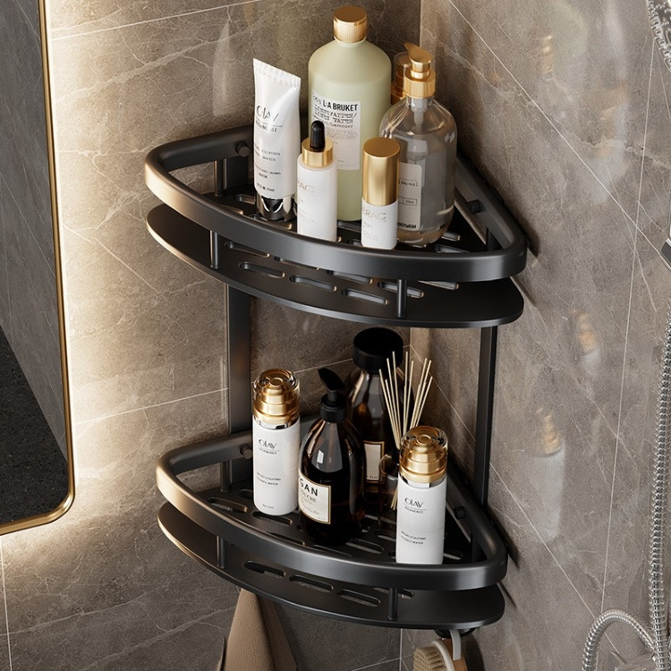 no drilling 2 Tier silver space aluminum shower corner shelf Black Siver 2 layers bathroom ssquare triangle corner shelf