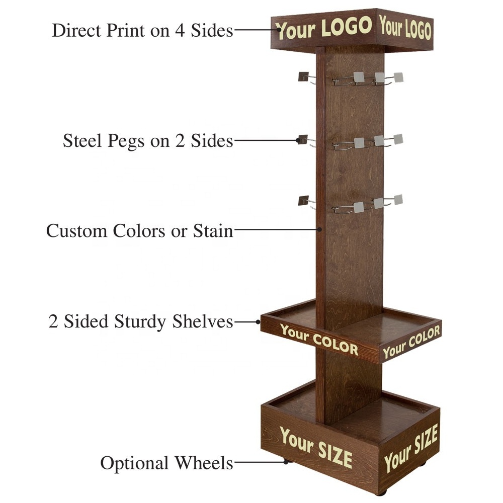 Wood peg hook display rack 2 Sided Merchandiser with shelves for snack food and beverage