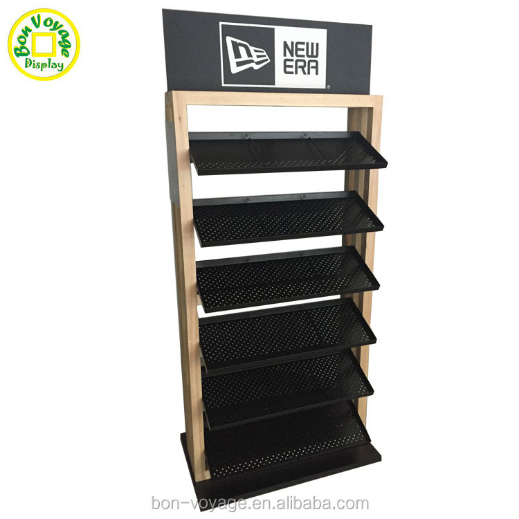 Wood peg hook display rack 2 Sided Merchandiser with shelves for snack food and beverage