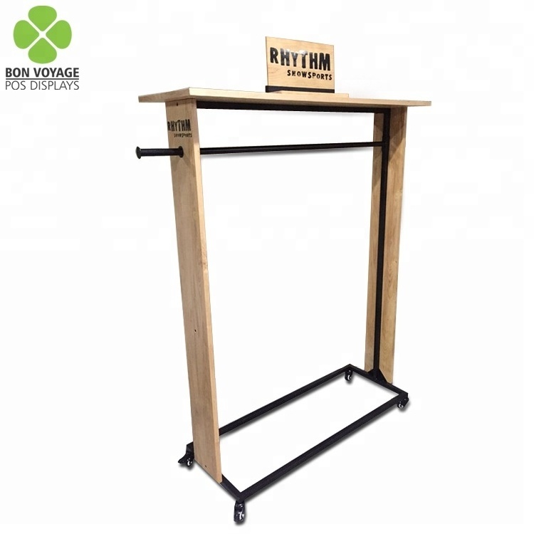 Garment store clothing display wood and metal rack