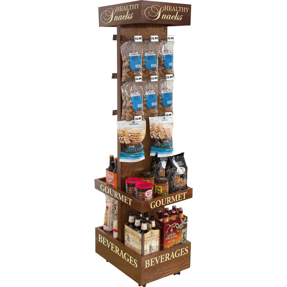 Wood peg hook display rack 2 Sided Merchandiser with shelves for snack food and beverage