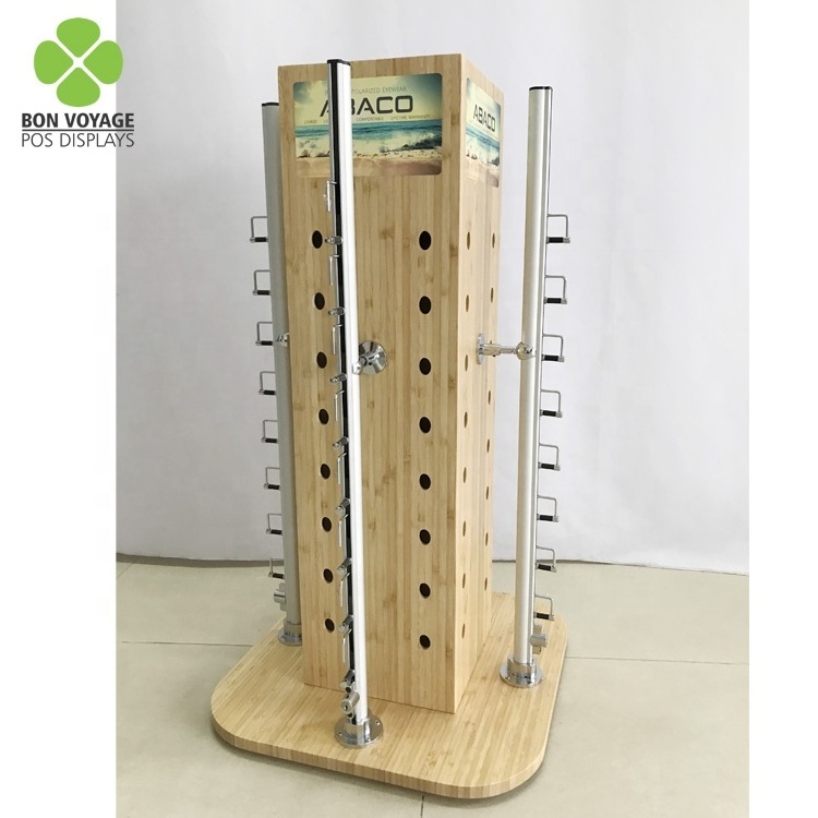 Rotating custom floor standing bamboo wooden eyewear displays sunglasses display rack with locking showcase