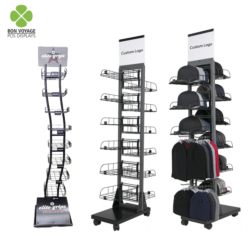 Retail store floor standing metal shelves baseball display stand cap hat display rack