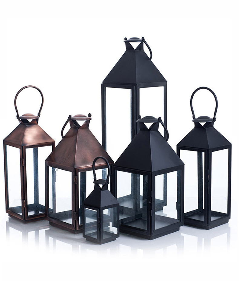 Hotel restaurant hanging outdoor metal glass lantern with flameless led candle xmas light candle lantern holder