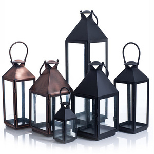 Hotel restaurant hanging outdoor metal glass lantern with flameless led candle xmas light candle lantern holder