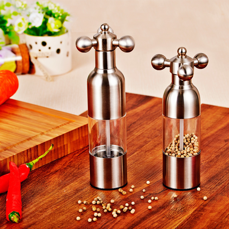 Home Stainless Steel Salt and Pepper Grinders refillable Mill Set Short Glass Shakers with Adjustable Coarseness for sea salt