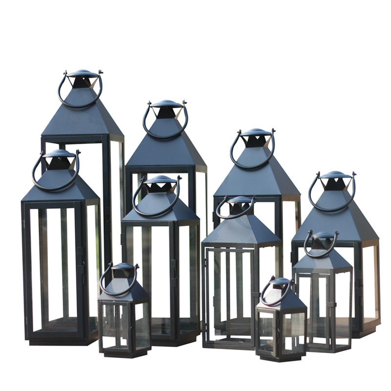 Hotel restaurant hanging outdoor metal glass lantern with flameless led candle xmas light candle lantern holder