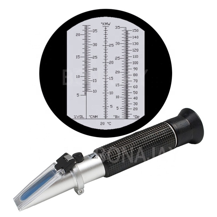 The latest wine 5-in-1 handheld refractometer 5-22% VOL 0~35% Brix 0~150 Oe 0~30 KMW 10-37CNM for  Wine Beer Fruit Juice Brew