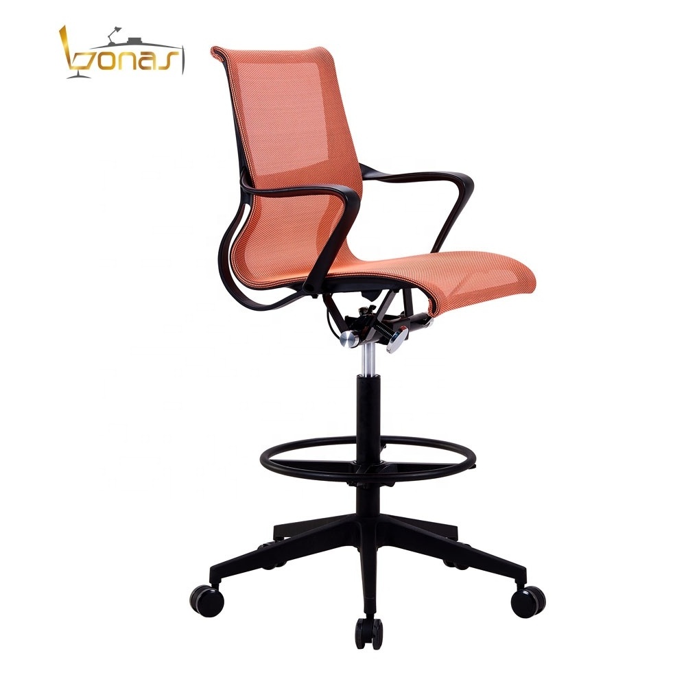 BONAS Ergonomic Drafting Chair Mid-back Stool with Armrest in Mesh Office Furniture